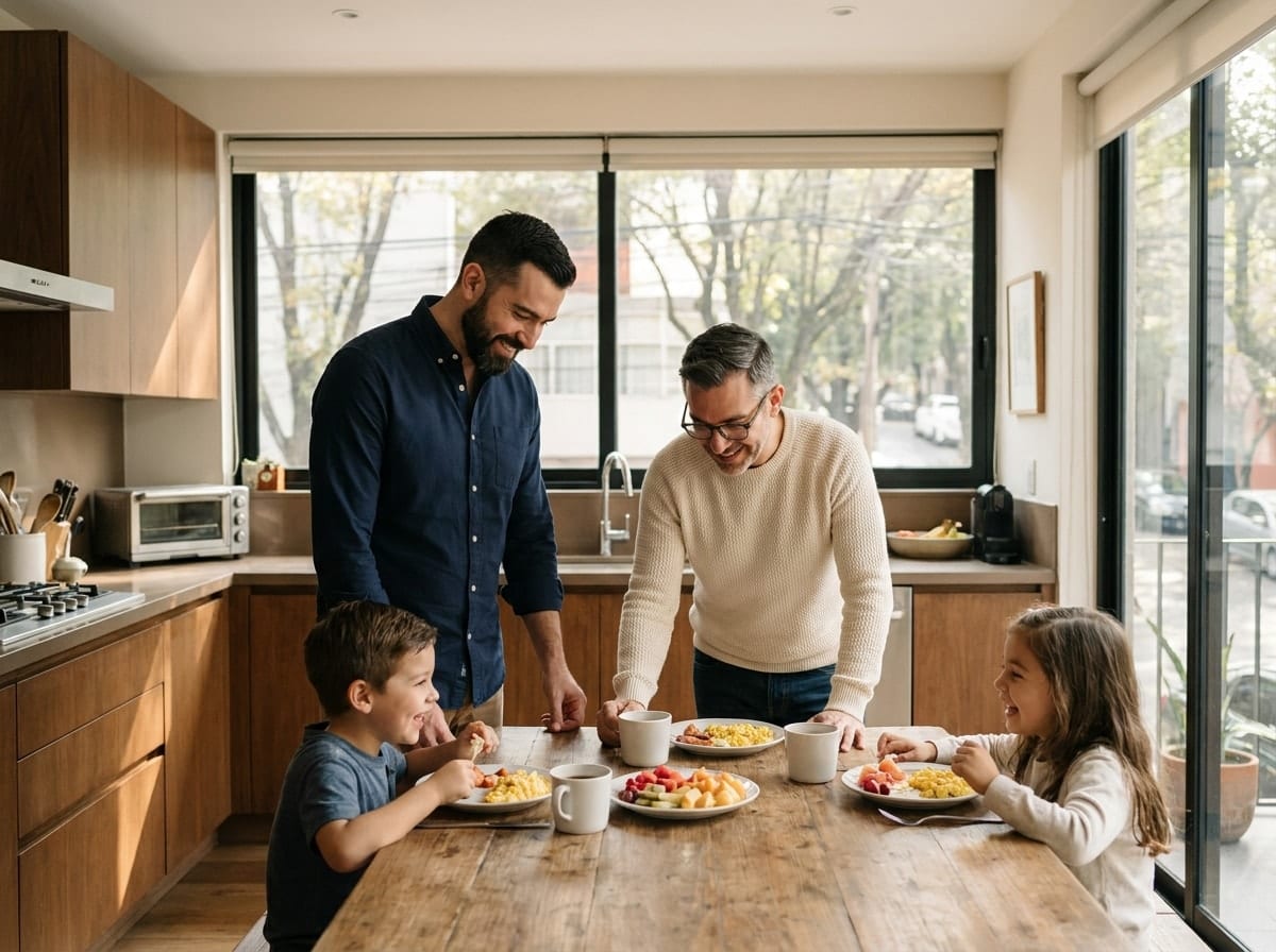 Familia mexicana con dos papás del mismo sexo y sus hijos en un momento cotidiano en casa