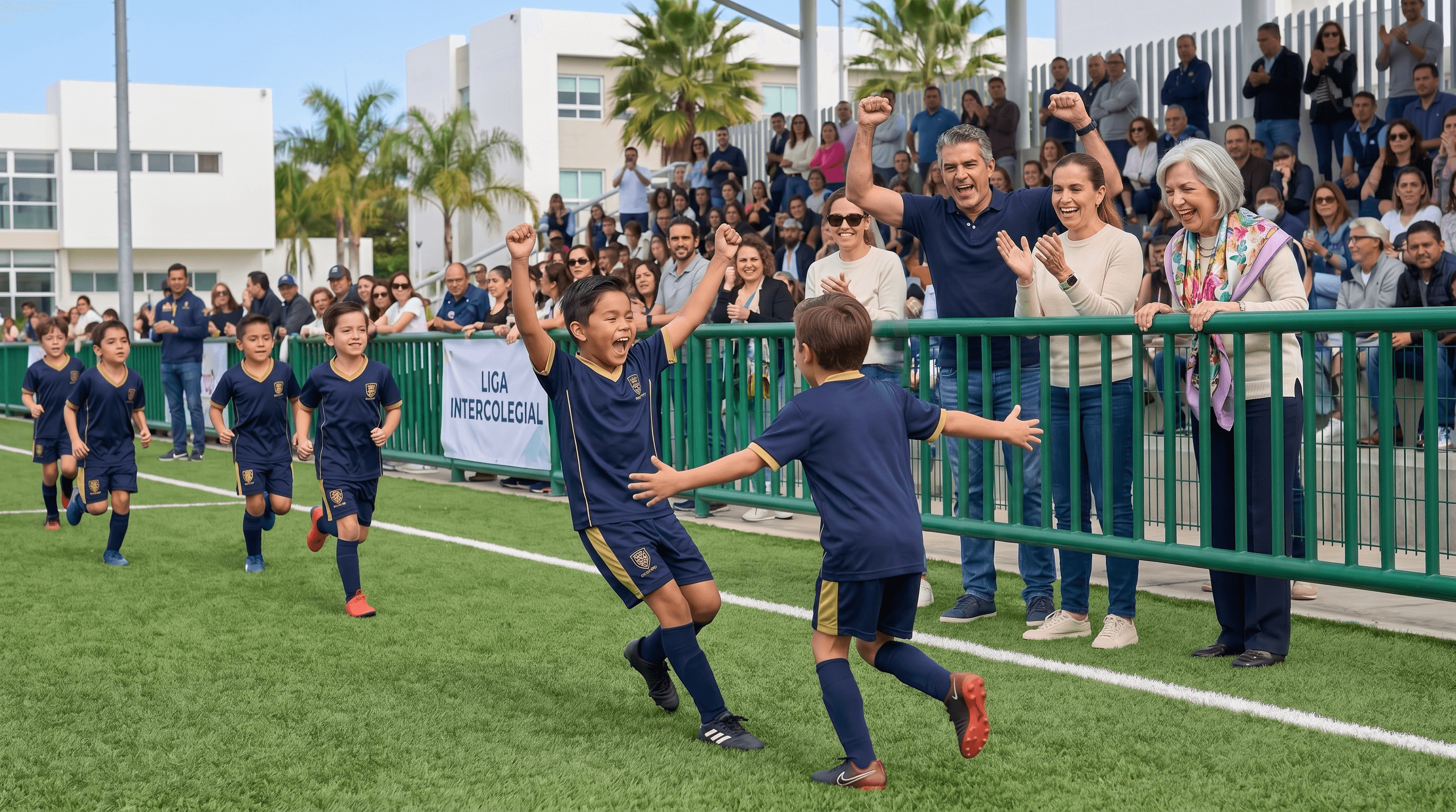 Familia mexicana animando a sus hijos en un partido de fútbol escolar