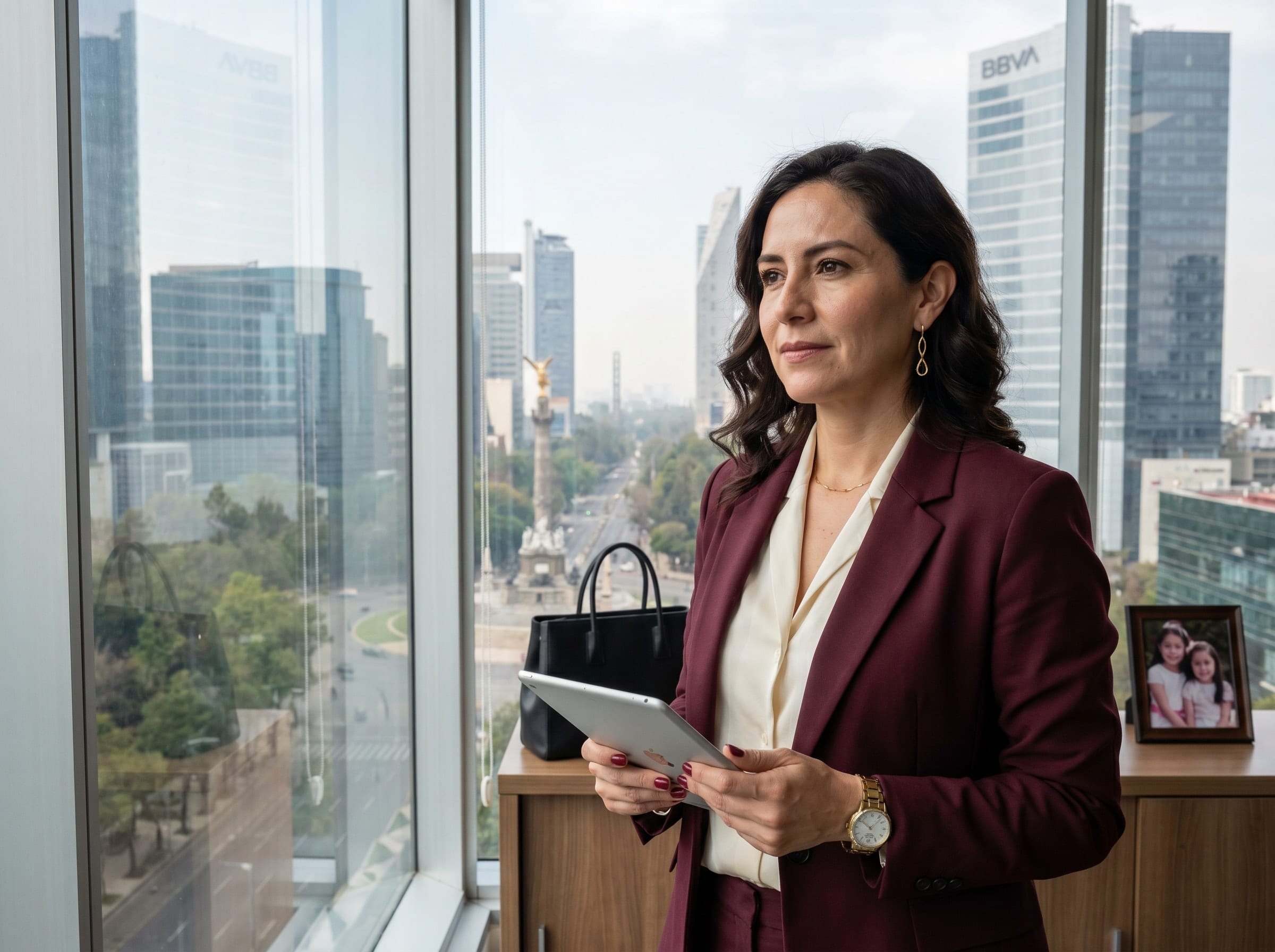 Mujer mexicana CEO de 40 años en su oficina ejecutiva con vista a Paseo de la Reforma en Ciudad de México