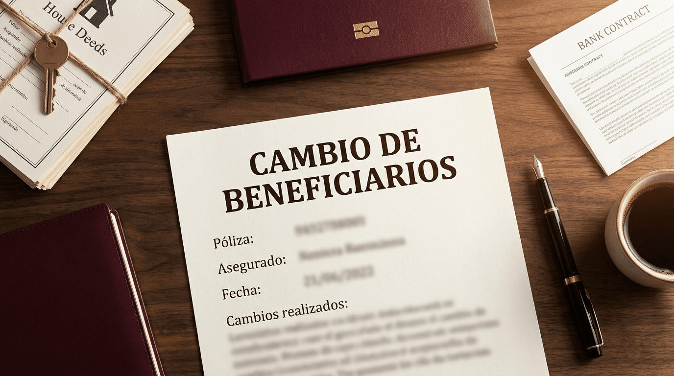 Documento de endoso 'Cambio de Beneficiarios' sobre un escritorio, con escrituras, contrato bancario y póliza de seguro de vida