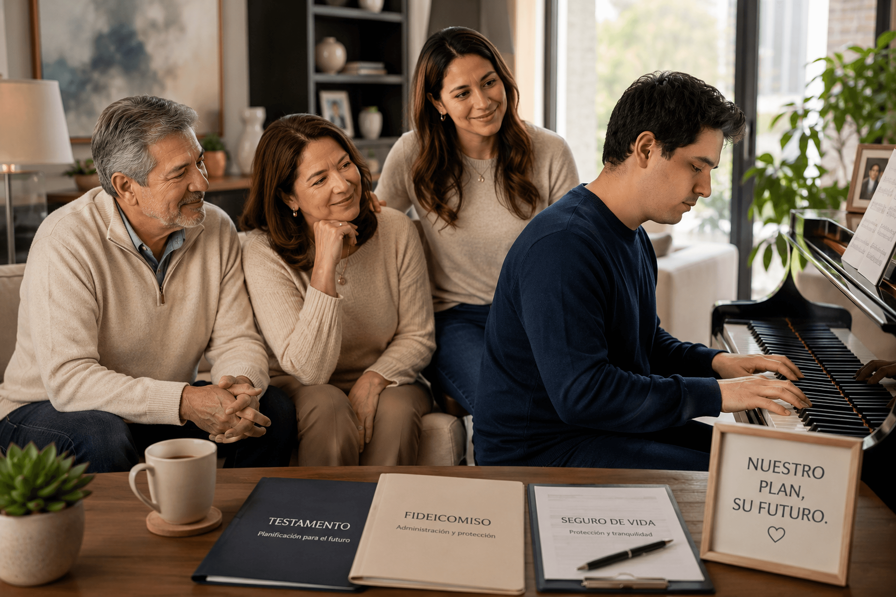 Familia mexicana planeando juntos el futuro patrimonial de su hijo autista — testamento, fideicomiso y seguro de vida sobre la mesa.
