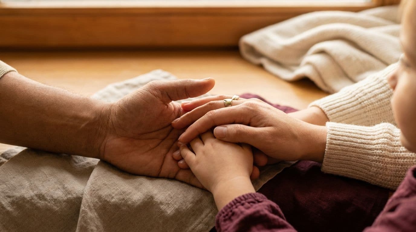 Manos de una familia entrelazadas, representando el cuidado de un hijo con discapacidad