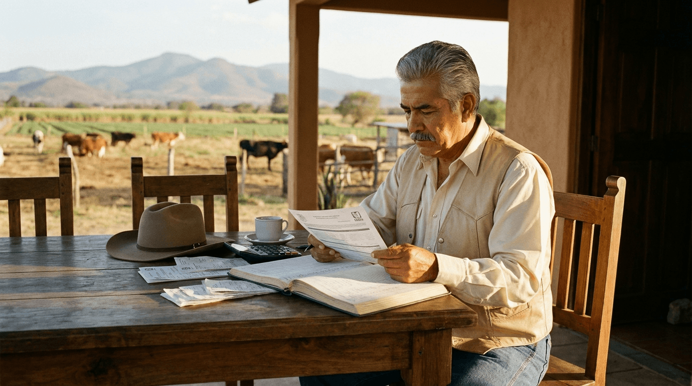 Señor del rancho del interior de México revisando documentos del IMSS para planear su retiro con Modalidad 40